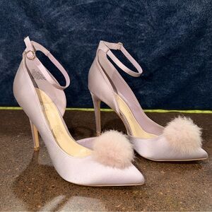 NINE WEST Satin Pointed-Toe Pom-Pom Ankle Strap Heels